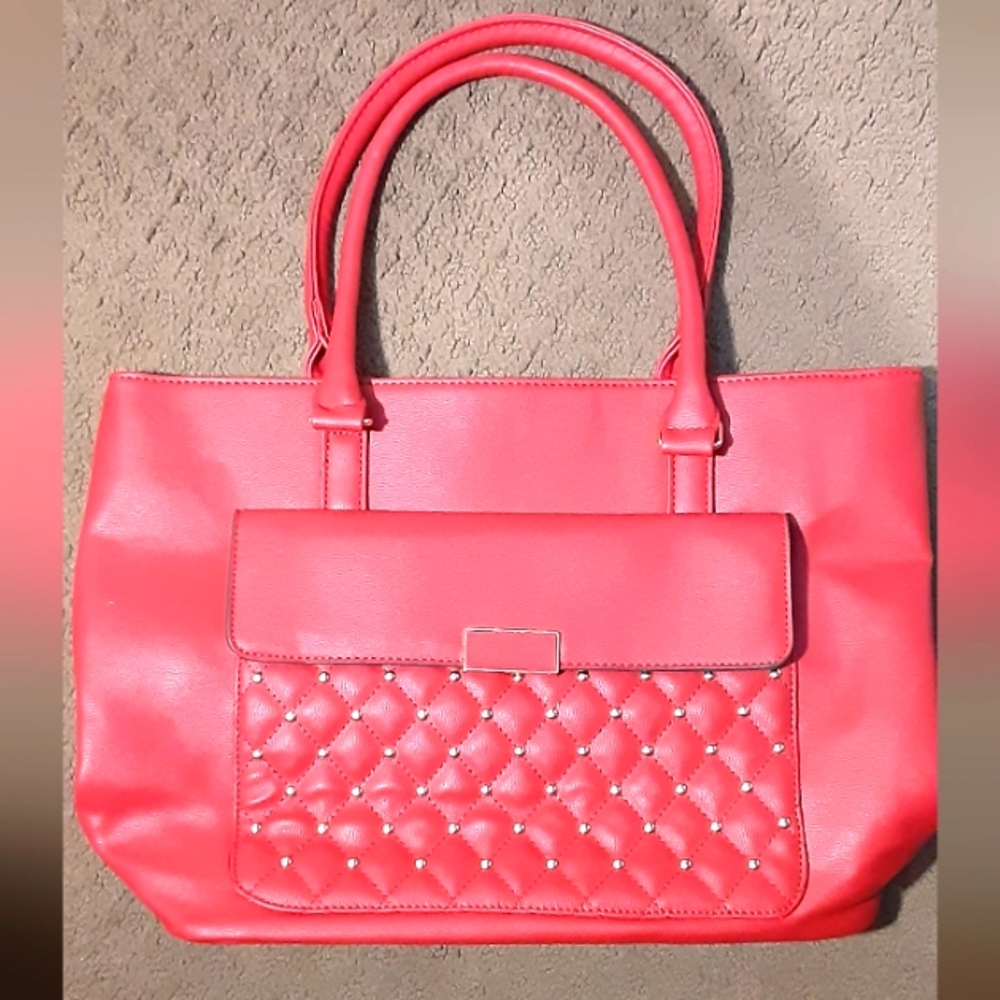 Large red gold studded purse with front button pocket back zip pocket